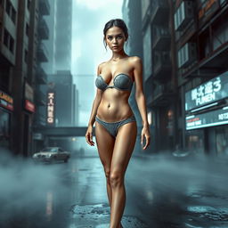 A thin girl with round, enhanced breasts, positioned at the center of the image, wearing a tight thin grey lace thong bikini paired with high heel shoes