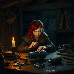 Inside a dimly lit workshop at night, a female dwarf artificer named Cogburn, identified by her striking red hair, sits intently at a wooden work table