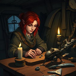 Inside a dimly lit workshop at night, a female dwarf artificer named Cogburn, identified by her striking red hair, sits intently at a wooden work table