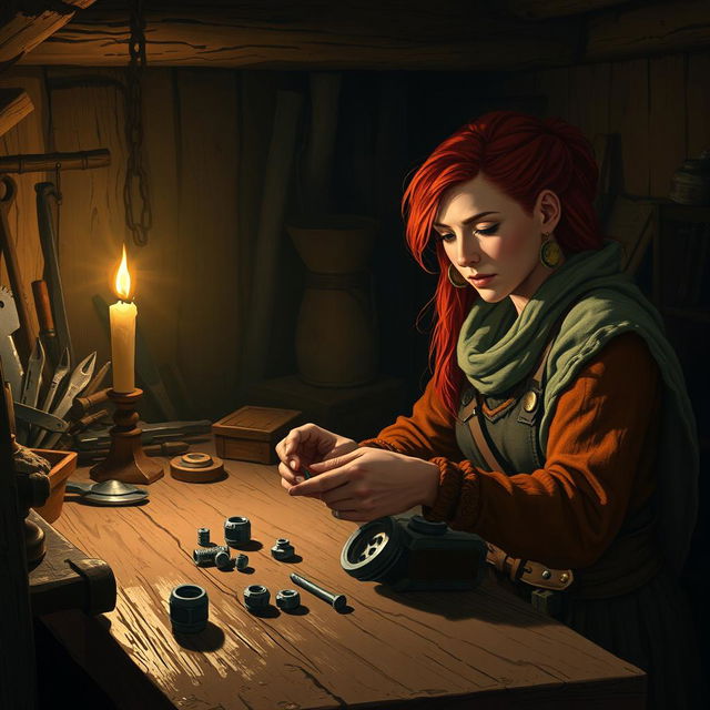 Inside a dimly lit workshop at night, a female dwarf artificer named Cogburn, identified by her striking red hair, sits intently at a wooden work table