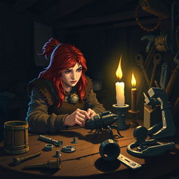 Inside a dimly lit workshop at night, a female dwarf artificer named Cogburn, identified by her striking red hair, sits intently at a wooden work table