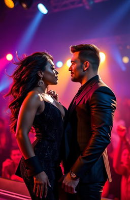 A romantic scene between a pop star and her bodyguard, showcasing their passionate connection