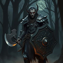 A dark elf warrior standing confidently, clad in intricately designed chainmail armor that glimmers subtly in the dim light