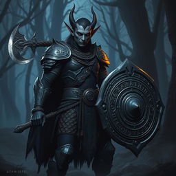 A dark elf warrior standing confidently, clad in intricately designed chainmail armor that glimmers subtly in the dim light