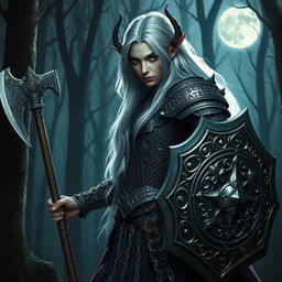 A formidable dark elf warrior clad in intricate chainmail armor, showcasing shimmering silver hair flowing elegantly down their back