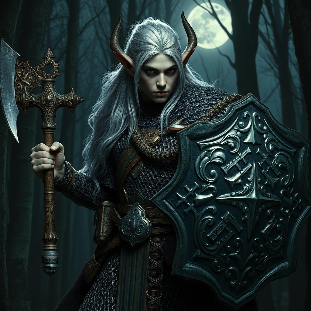 A formidable dark elf warrior clad in intricate chainmail armor, showcasing shimmering silver hair flowing elegantly down their back