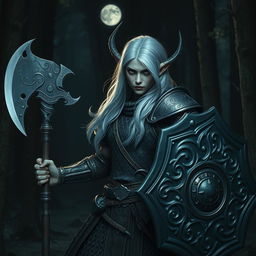 A formidable dark elf warrior clad in intricate chainmail armor, showcasing shimmering silver hair flowing elegantly down their back