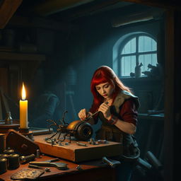 Inside a dimly lit workshop at night, a female dwarf artificer artillerist with vivid red hair sits intently at her work table, skillfully focused on repairing her mechanical beetle