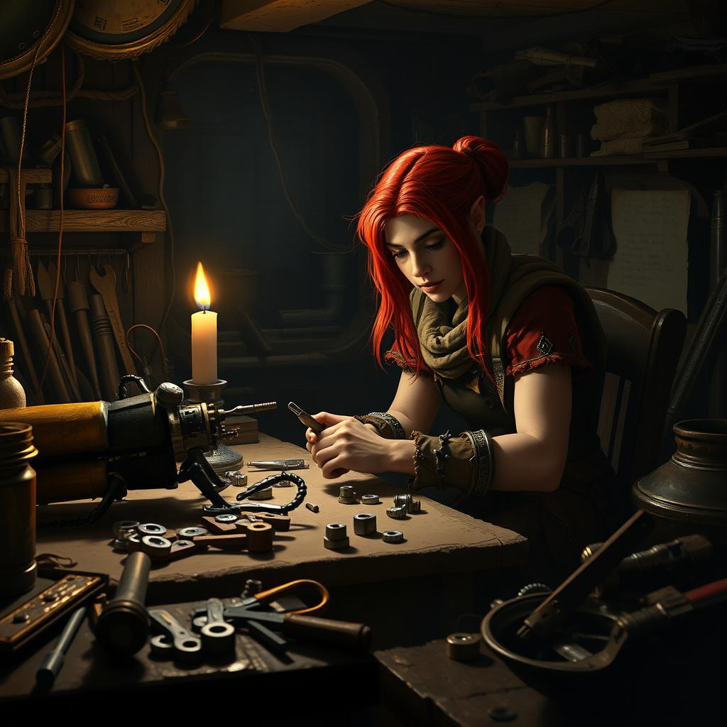 Inside a dimly lit workshop at night, a female dwarf artificer artillerist with vivid red hair sits intently at her work table, skillfully focused on repairing her mechanical beetle