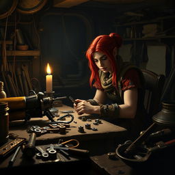 Inside a dimly lit workshop at night, a female dwarf artificer artillerist with vivid red hair sits intently at her work table, skillfully focused on repairing her mechanical beetle