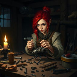 Inside a dimly lit workshop at night, a female dwarf artificer artillerist with vivid red hair sits intently at her work table, skillfully focused on repairing her mechanical beetle