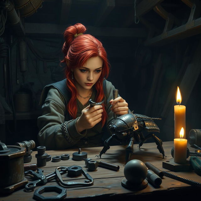 Inside a dimly lit workshop at night, a female dwarf artificer artillerist with vivid red hair sits intently at her work table, skillfully focused on repairing her mechanical beetle