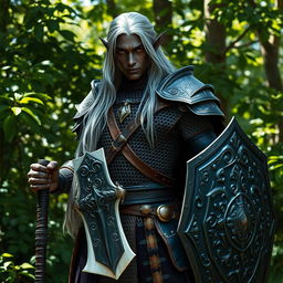 A male Dark Elf warrior standing confidently in a forest setting