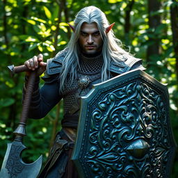 A male Dark Elf warrior standing confidently in a forest setting