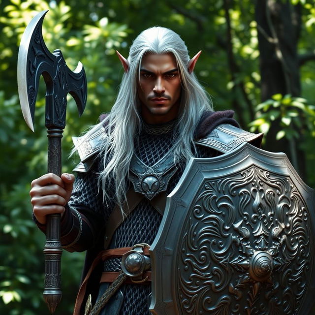 A male Dark Elf warrior standing confidently in a forest setting