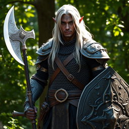 A male Dark Elf warrior standing confidently in a forest setting