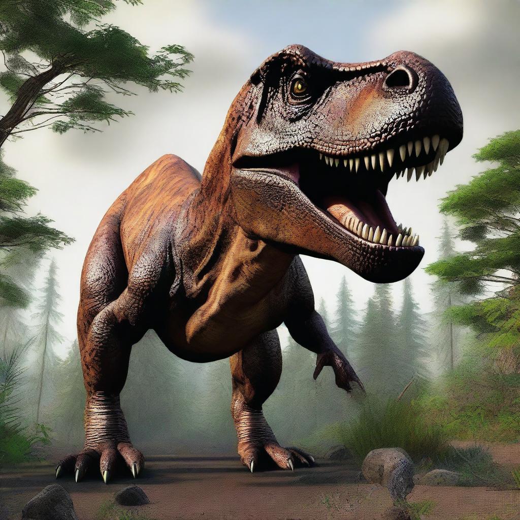 Generate an image of a fearsome Tyrannosaurus Rex in a natural setting.