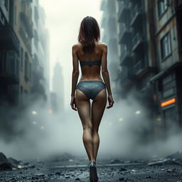 A thin girl with round, enhanced breasts, positioned at the center of the image in a rear view, wearing a tight thin grey lace g-string bikini and high heel shoes