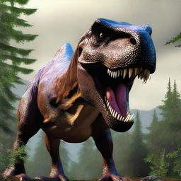 Generate an image of a fearsome Tyrannosaurus Rex in a natural setting.