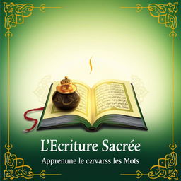 A book cover illustration featuring a calamus and inkpot, embellished with intricate gold Islamic geometric patterns against a gradient green and white background