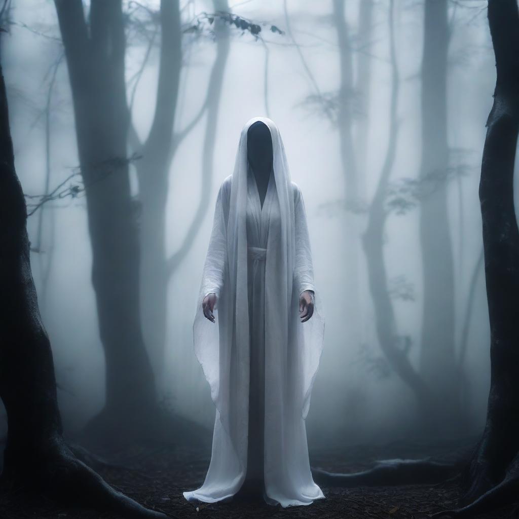 A haunting image of Kuntilanak, an Indonesian folklore ghost woman draped in a white robe, standing amidst a misty, moonlit forest