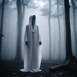 A haunting image of Kuntilanak, an Indonesian folklore ghost woman draped in a white robe, standing amidst a misty, moonlit forest