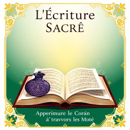 A book cover illustration featuring a calamus and inkpot, embellished with intricate gold Islamic geometric patterns against a gradient green and white background