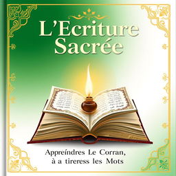 A book cover illustration featuring a calamus and inkpot, embellished with intricate gold Islamic geometric patterns against a gradient green and white background
