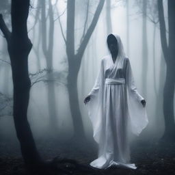 A haunting image of Kuntilanak, an Indonesian folklore ghost woman draped in a white robe, standing amidst a misty, moonlit forest