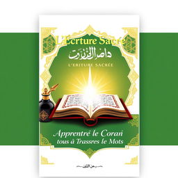 A book cover design featuring a traditional qalam (Arabic calligraphy pen) and an ink bottle, adorned with golden Islamic geometric patterns on a gradient background of green and white