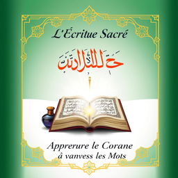 A book cover design featuring a traditional qalam (Arabic calligraphy pen) and an ink bottle, adorned with golden Islamic geometric patterns on a gradient background of green and white
