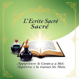 A book cover design featuring a traditional qalam (Arabic calligraphy pen) and an ink bottle, adorned with golden Islamic geometric patterns on a gradient background of green and white