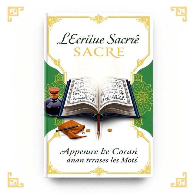 A book cover design featuring a traditional qalam (Arabic calligraphy pen) and an ink bottle, adorned with golden Islamic geometric patterns on a gradient background of green and white