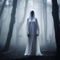 A haunting image of Kuntilanak, an Indonesian folklore ghost woman draped in a white robe, standing amidst a misty, moonlit forest