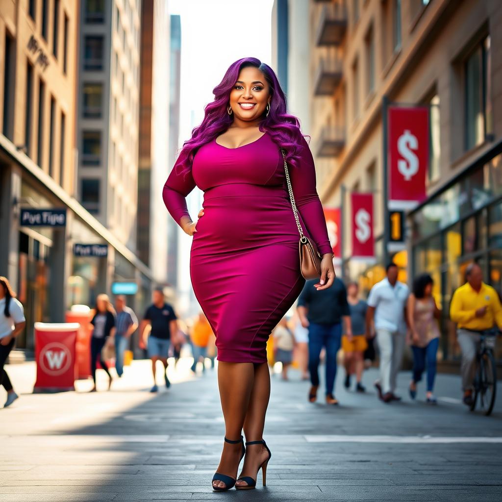 A stunning plus-sized woman with an outfit that emphasizes her curves, confidently posing on a city street