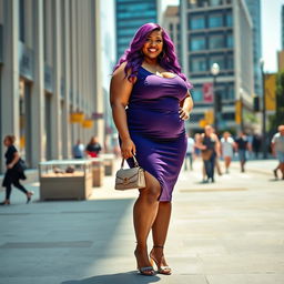 A stunning plus-sized woman with an outfit that emphasizes her curves, confidently posing on a city street