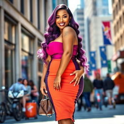 A stunning plus-sized woman with an outfit that emphasizes her curves, confidently posing on a city street