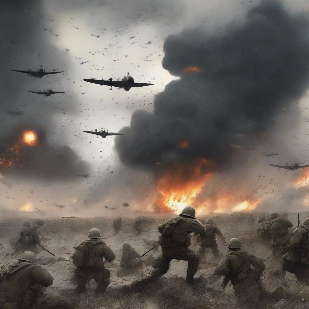 A chaotic and impactful illustration of a World War scene, with large armies clashing, explosions dotting the battlefield, warplanes zooming overhead, and worry etched on the faces of the soldiers