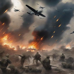 A chaotic and impactful illustration of a World War scene, with large armies clashing, explosions dotting the battlefield, warplanes zooming overhead, and worry etched on the faces of the soldiers