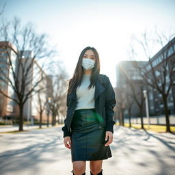 A young beautiful woman standing confidently in an outdoor park setting under a bright, clear blue sky