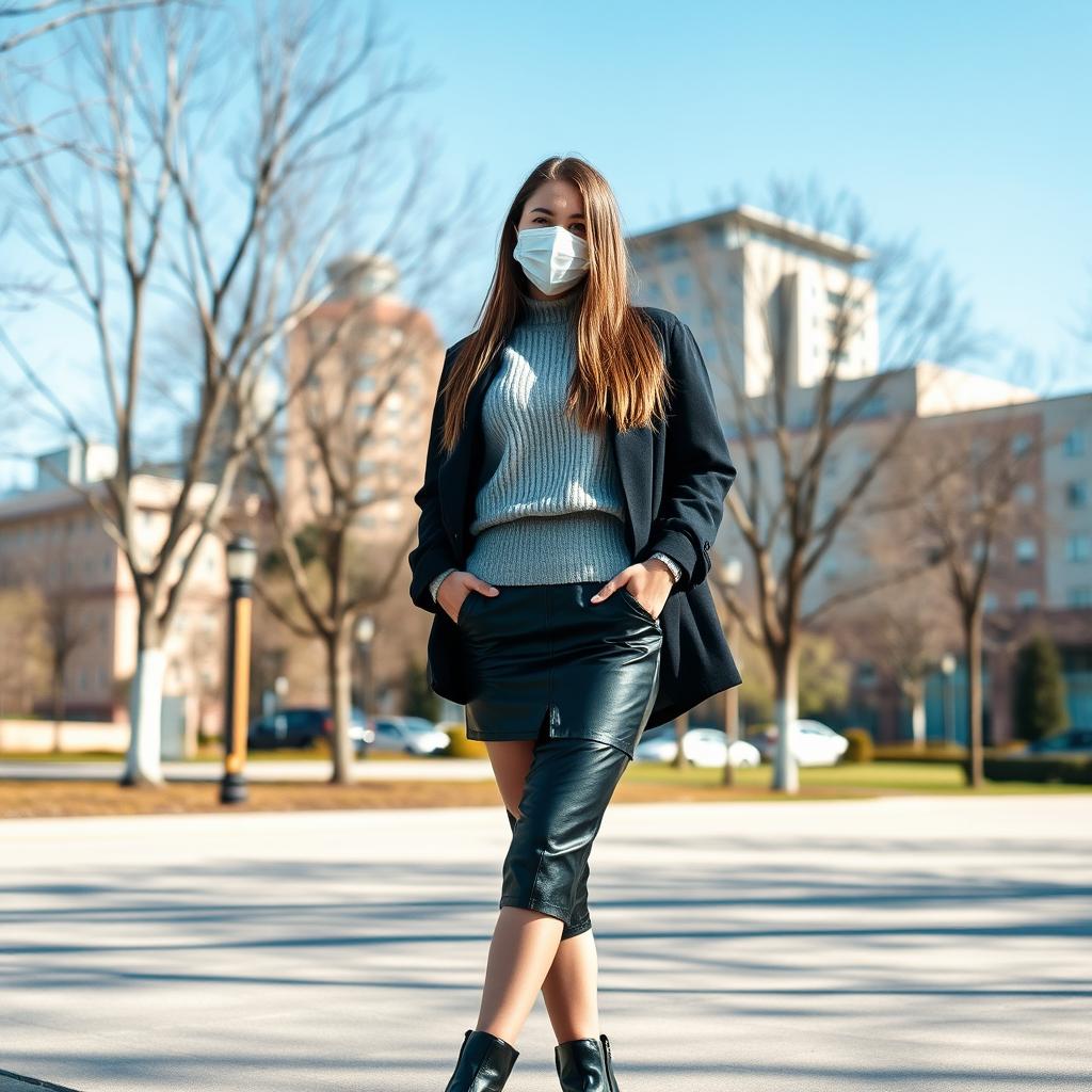 A young beautiful woman standing confidently in an outdoor park setting under a bright, clear blue sky