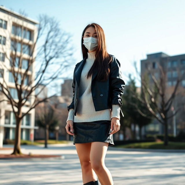 A young beautiful woman standing confidently in an outdoor park setting under a bright, clear blue sky