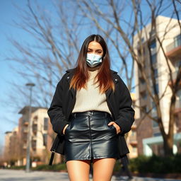 A young beautiful woman standing confidently in an outdoor park setting under a bright, clear blue sky