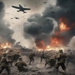 A chaotic and impactful illustration of a World War scene, with large armies clashing, explosions dotting the battlefield, warplanes zooming overhead, and worry etched on the faces of the soldiers