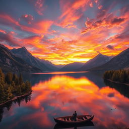 A breathtaking landscape scene featuring a serene lake surrounded by majestic mountains under a vibrant sunset sky