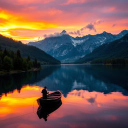 A breathtaking landscape scene featuring a serene lake surrounded by majestic mountains under a vibrant sunset sky