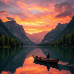 A breathtaking landscape scene featuring a serene lake surrounded by majestic mountains under a vibrant sunset sky
