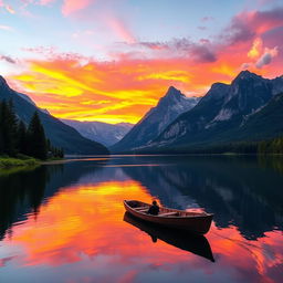 A breathtaking landscape scene featuring a serene lake surrounded by majestic mountains under a vibrant sunset sky