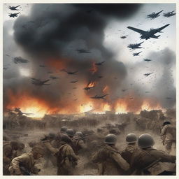 A chaotic and impactful illustration of a World War scene, with large armies clashing, explosions dotting the battlefield, warplanes zooming overhead, and worry etched on the faces of the soldiers