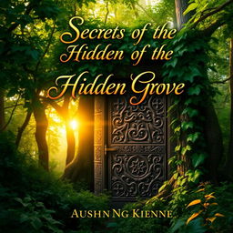 A captivating book cover design featuring an enchanted forest with golden sunlight filtering through the lush green leaves